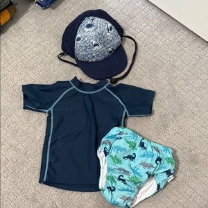 Swim hat, rash guard, and swim diaper sz 12-18 mo